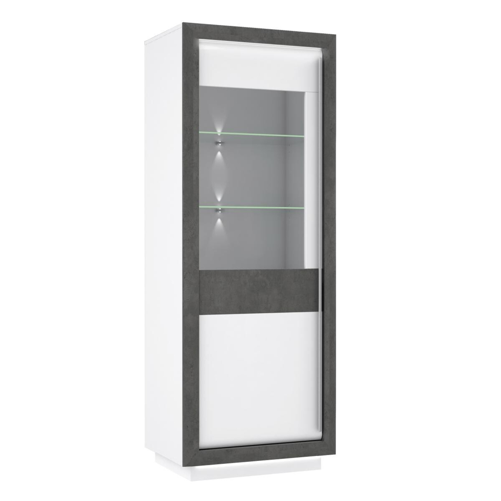 Vitrine  weiß Hochglanz Beton dunkel Optik B/H/T: ca. 73x197x53 cm