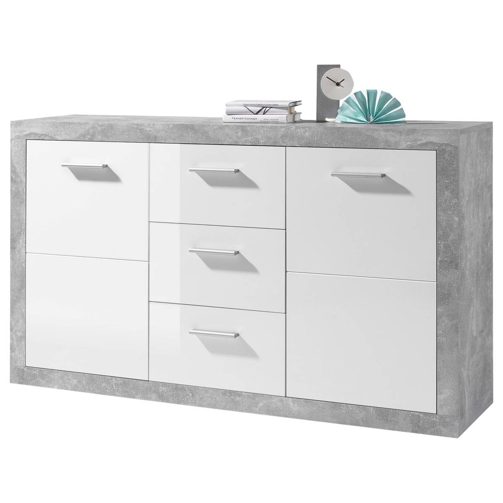 Sideboard Stone Beton Optik weiß glänzend B/H/T: ca. 147x89x37 cm