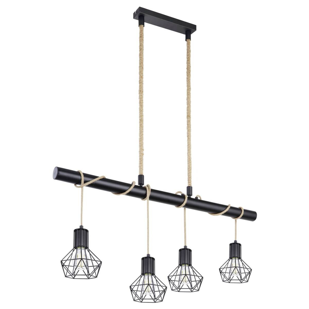 GLOBO Pendelleuchte PRISKA 54017-4H schwarz Metall Hanfseil B/H/T: ca. 100x120x15 cm