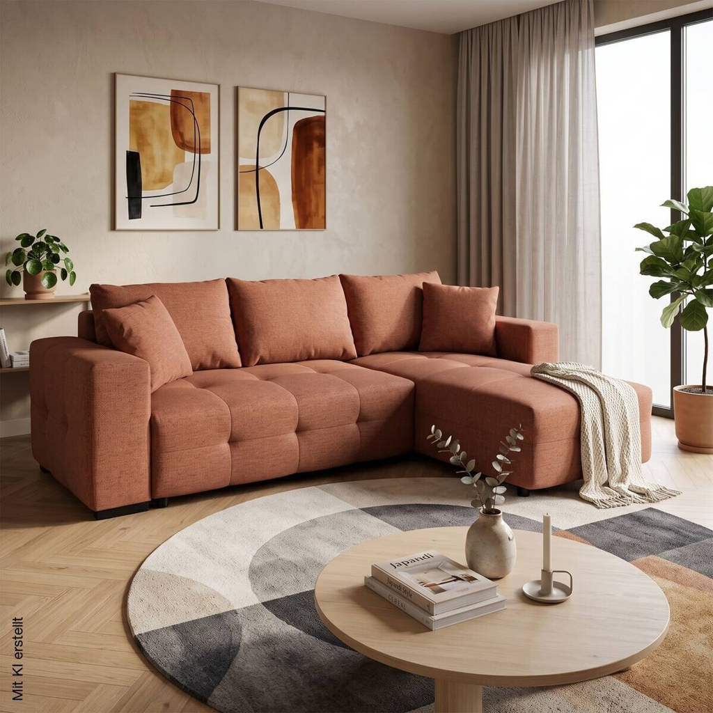 Ecksofa mit Bettfunktion und Bettkasten terracotta Webstoff B/H/T: ca. 247x83x162 cm