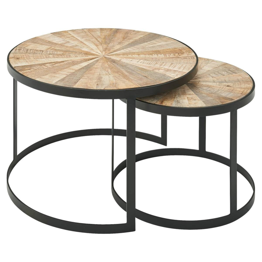 Beistelltisch 2er-Set. natur schwarz pulverbeschichtet Echtholz Eisen