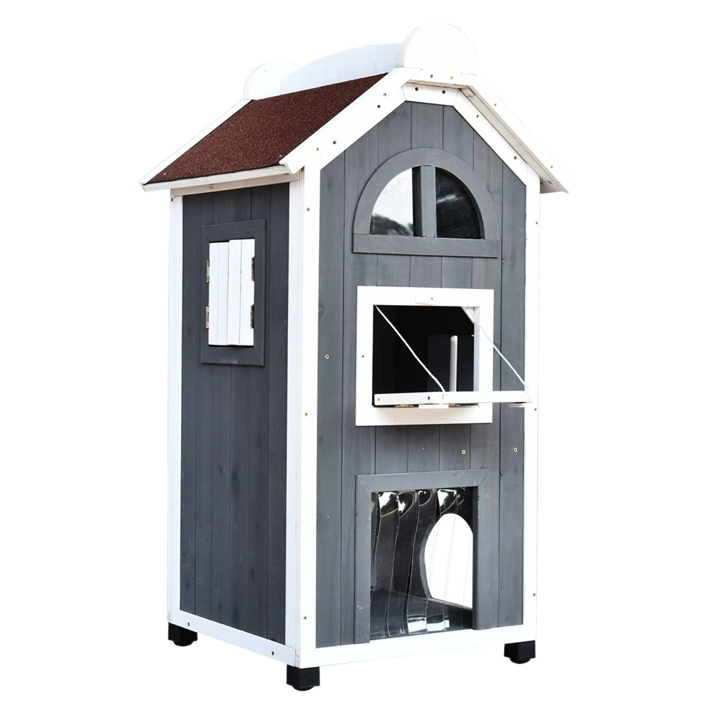 PawHut Katzenvilla grau Holz B/H/L: ca. 55x109x59 cm