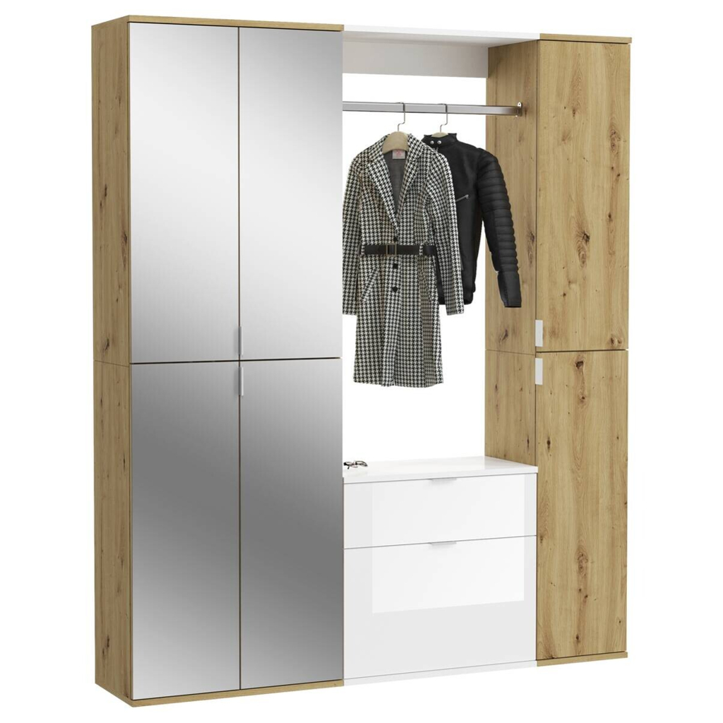Garderobe PROJEKT Eiche Artisan Nachbildung weiß Hochglanz Spiegel B/H/T: ca. 152x193x34 cm