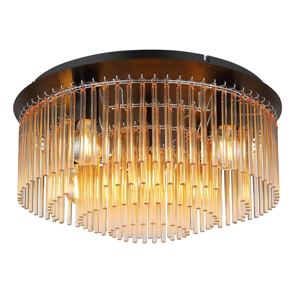GLOBO Deckenleuchte amber Chrom mattschwarz Metall Glas H/D: ca. 25x50 cm E27 5 Brennstellen