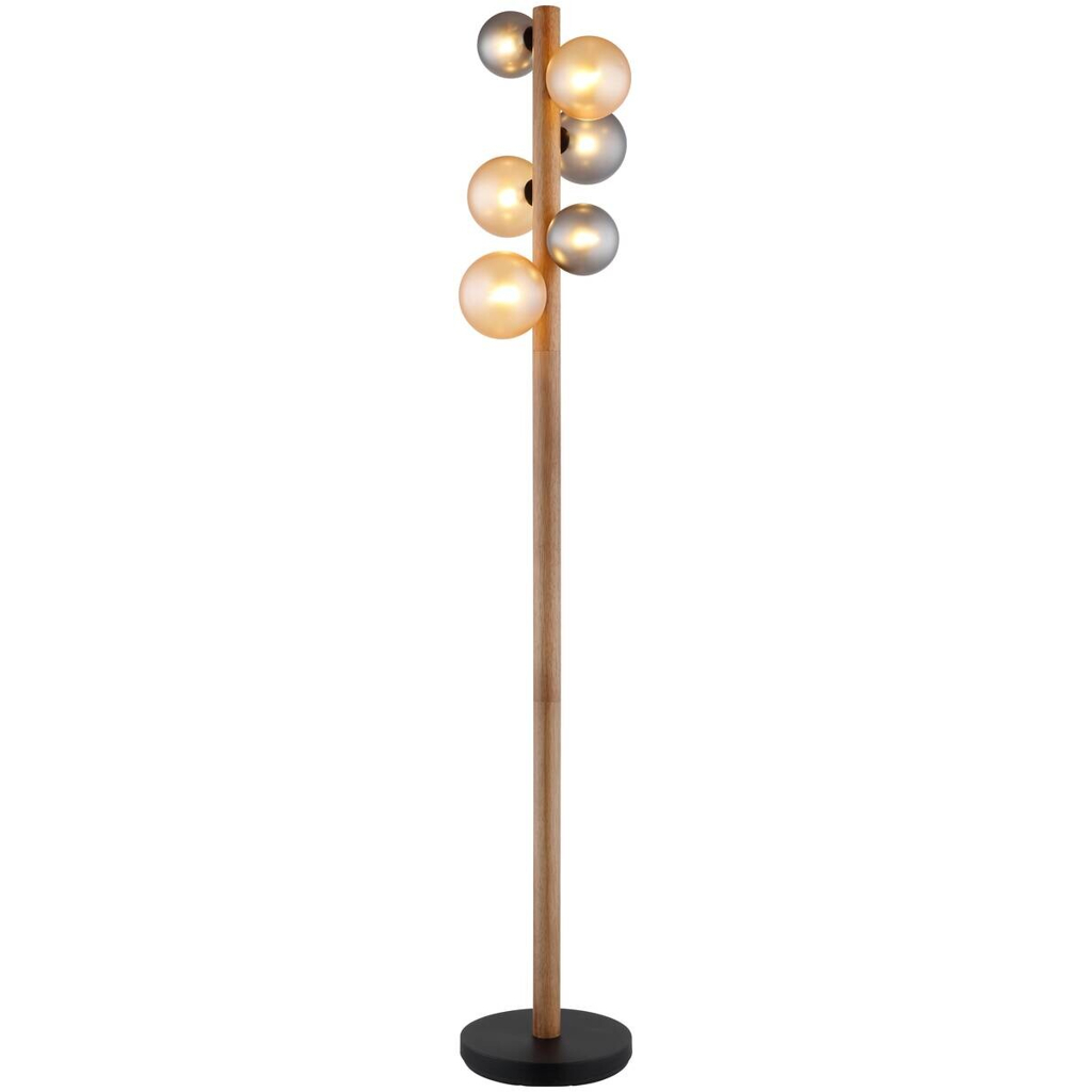 GLOBO Stehlampe dunkelbraun Rauch amber Holz Glas Metall H/D: ca. 150x29 cm 6 Brennstellen