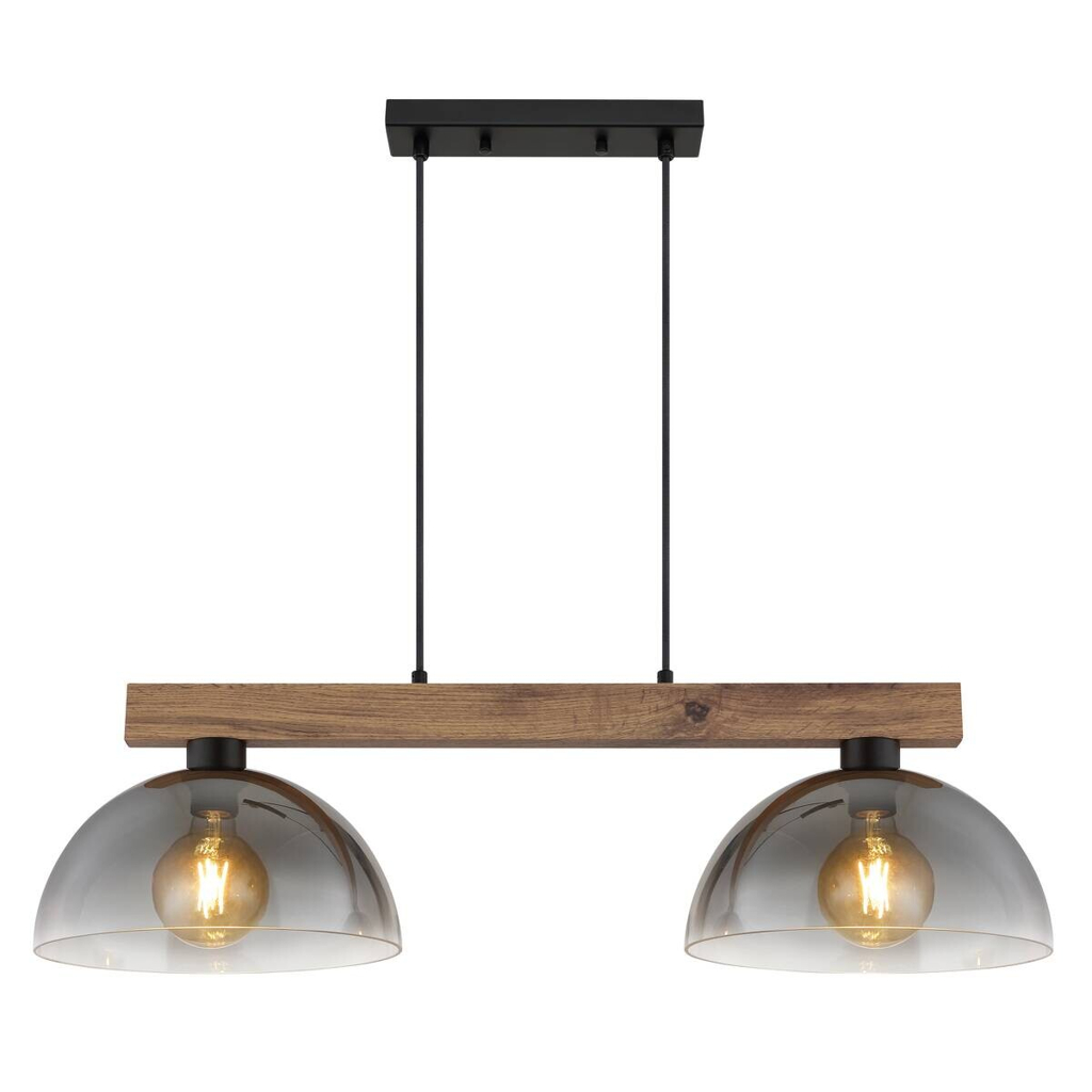 GLOBO Hängeleuchte dunkelbraun Rauch mattschwarz Holz Metall Glas B/H/L: ca. 30x120x85 cm E27 2 Brennstellen