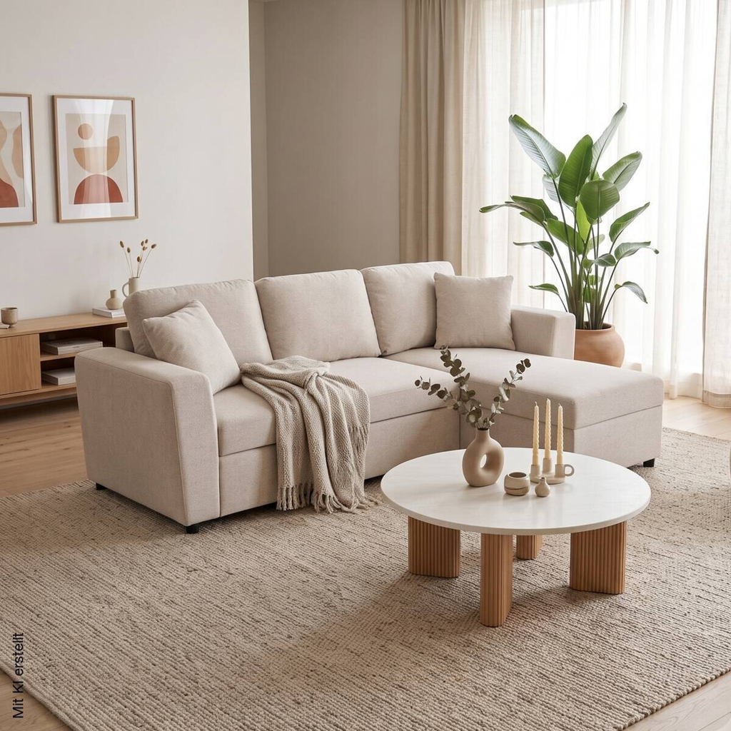 Ecksofa mit Bettfunktion und Bettkasten beige Webstoff B/H/T: ca. 234x86x144 cm