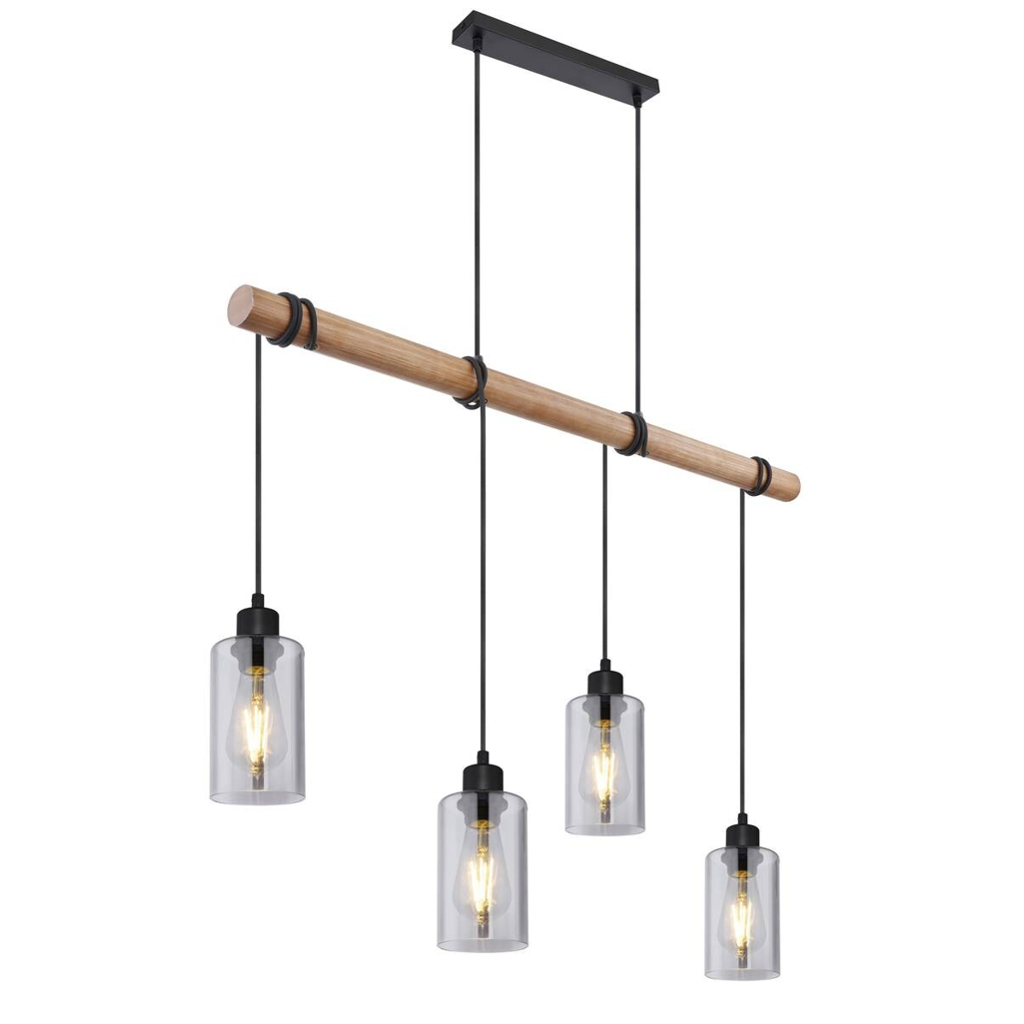 GLOBO Pendelleuchte Hadera schwarz natur Metall Holz Rauchglas B/H/T: ca. 98x130x15 cm E27 4 Brennstellen