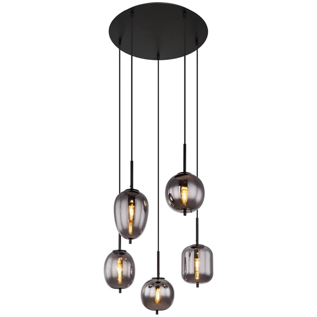 GLOBO Pendelleuchte Blacky 15345-5 schwarz natur Rauch Metall Aluminium Glas H/D: ca. 150x57,5 cm E14 5 Brennstellen
