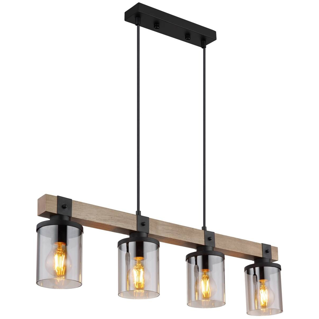 GLOBO Pendelleuchte 15555-4H schwarz natur Rauch Holz Metall Rauchglas B/H/T: ca. 10x133x73 cm E27 4 Brennstellen