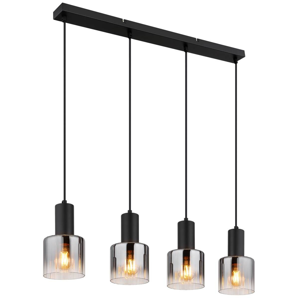 GLOBO Pendelleuchte Jack schwarz klar Rauch Glas Metall B/H/L: ca. 74x150x12 cm E27 4 Brennstellen