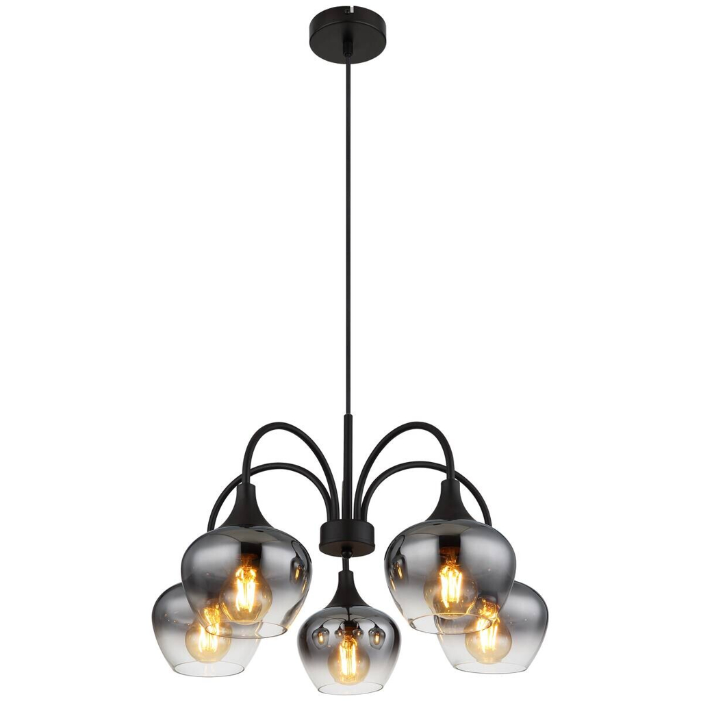 GLOBO Pendelleuchte schwarz transparent Rauch Metall Glas H/D: ca. 120x55 cm E27 5 Brennstellen