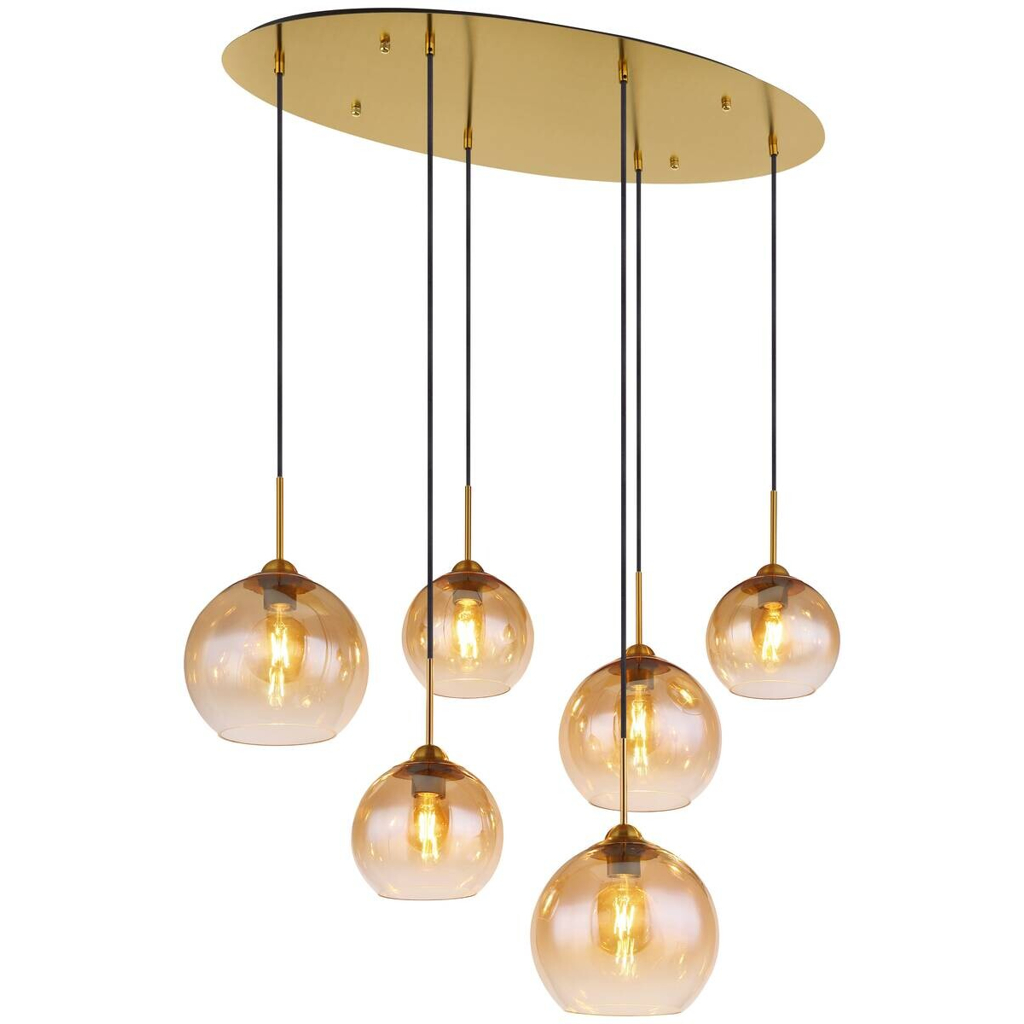 GLOBO Pendelleuchte JAMESSA 15788-6H amber messing Metall B/H/L: ca. 47,5x150x97,5 cm E27 6 Brennstellen