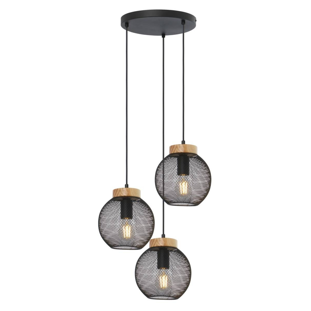 GLOBO Pendelleuchte Pablo schwarz natur Metall Holz H/D: ca. 120x44 cm E27 3 Brennstellen