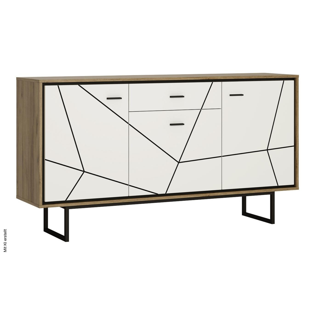 Sideboard Brolo Eiche Cleveland Nachbildung weiß Hochglanz schwarz B/H/T: ca. 167x90x40 cm