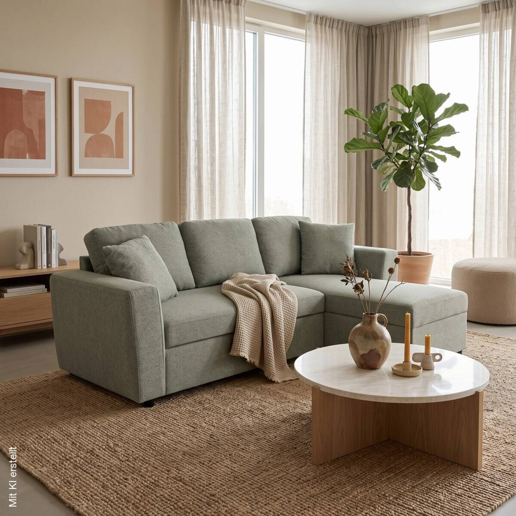 Ecksofa mit Bettfunktion und Bettkasten grün Webstoff B/H/T: ca. 234x86x144 cm