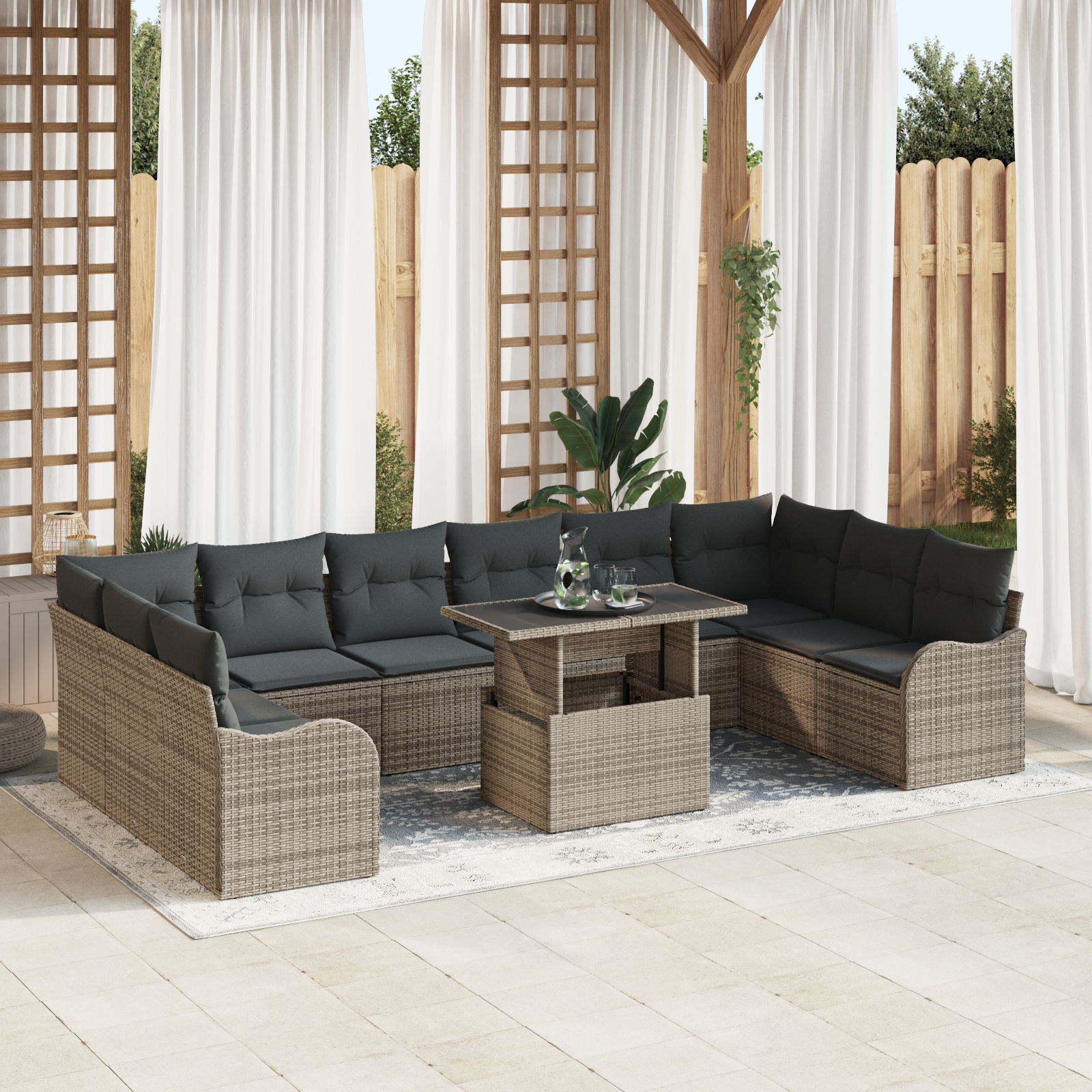 Mobilier relaxare exterior - Set canapele grădină  cu perne gri, ratan poliester, Canapea grădină  cu 2 locuri, perne gri din ratan poliester