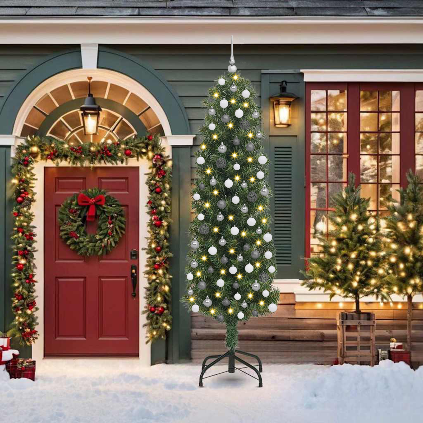 vidaXL Slanke Kerstboom 300 LED's & Ballenset Groen 210 cm