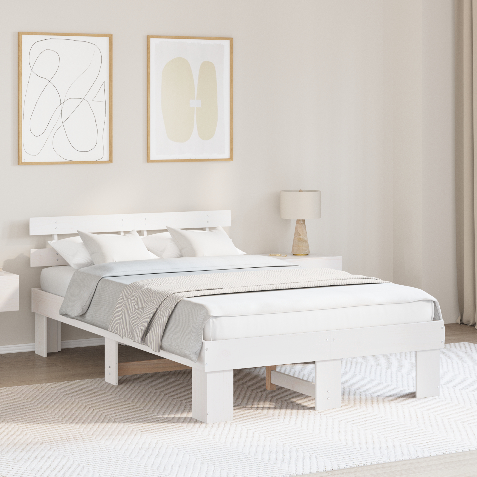 Paturi si accesorii - Cadru de pat cu tăblie alb 120x190 cm din lemn masiv de pin