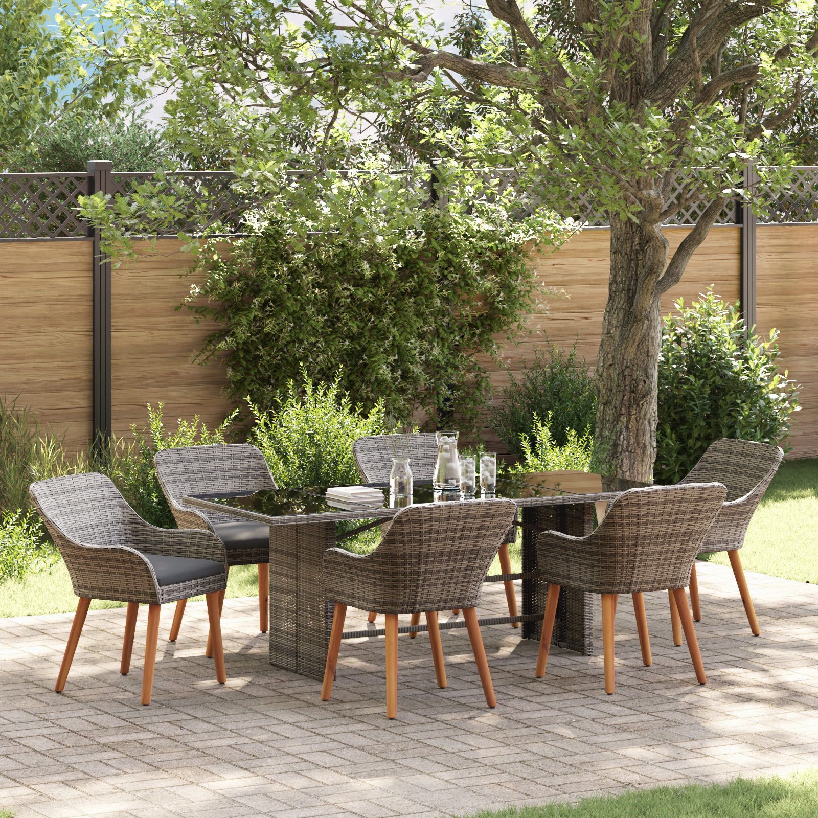 7 Piece Garden Dining Set Grey Poly Rattan