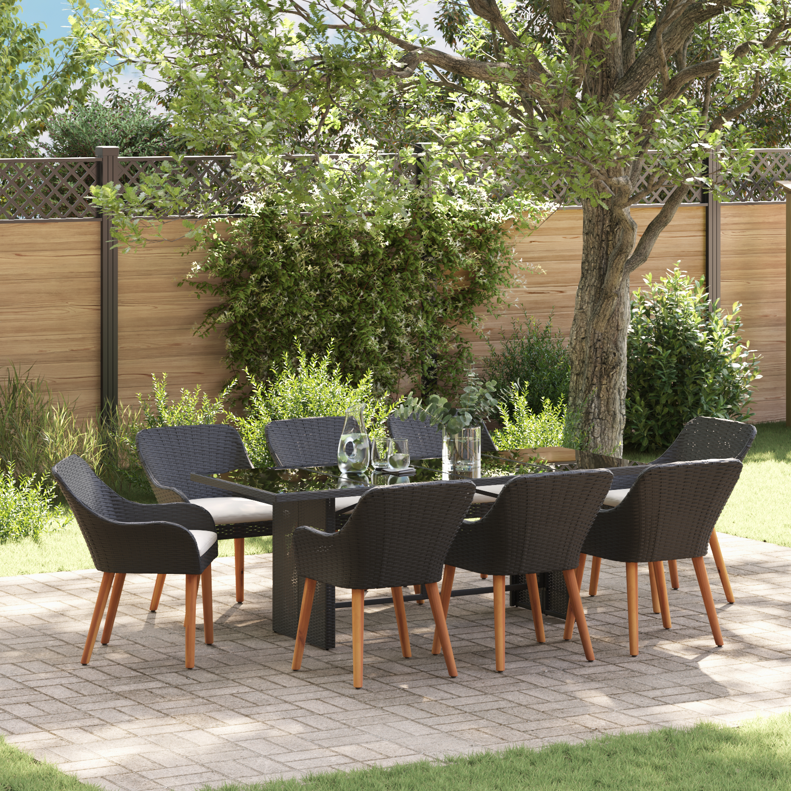 9 Piece Garden Dining Set Black Poly Rattan