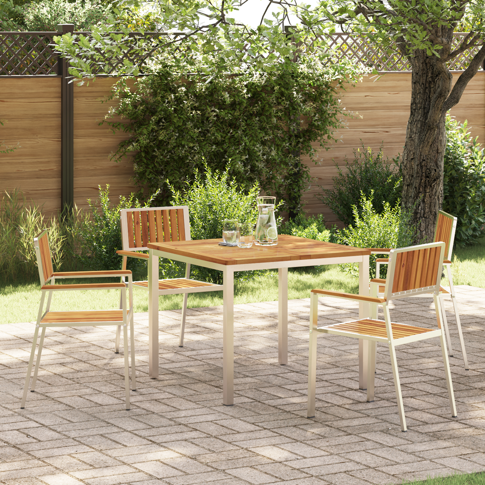 5-dijelni vrtni blagovaonski set od čvrstog bagremovog drveta, vidaXL vanjski blagovaonski stol 90x90x74,5 cm od čvrstog bagremovog drveta, vidaXL sklopive vrtne stolice 4 komada od čvrstog bagremovog drveta i metala