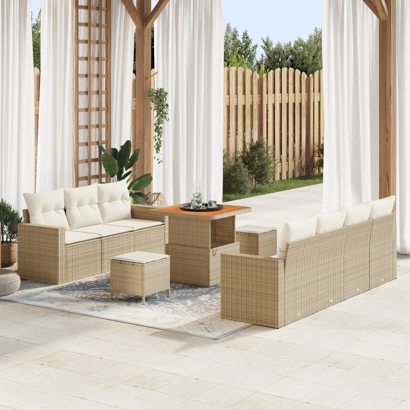 Mobilier relaxare exterior - Set Canapea Grădină  cu 10 Piese și Perne Bej Ratan PE Acacia, Set Dining Grădină  cu 3 Piese și Perne Bej Ratan PE Acacia