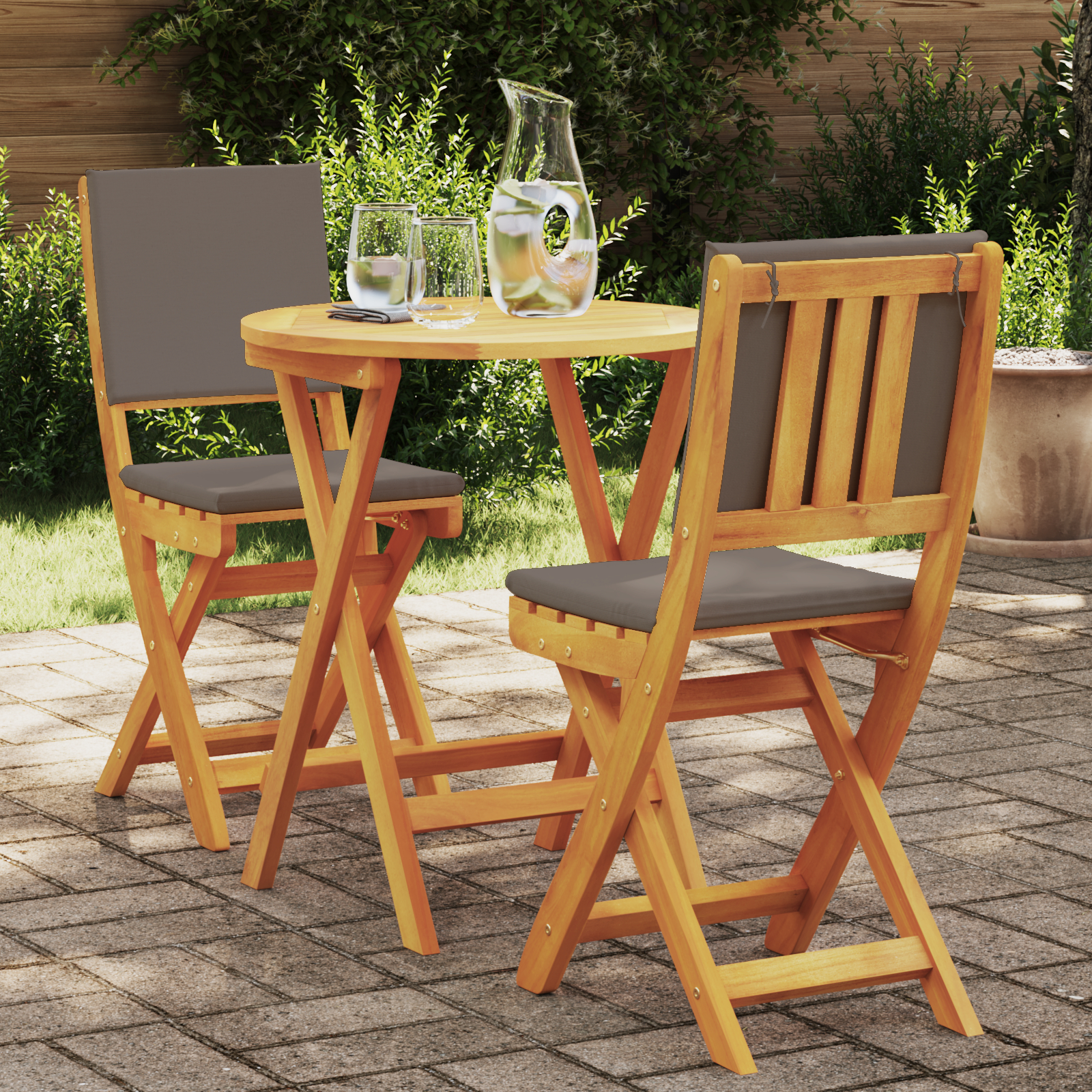 3 Piece Folding Bistro Set with Cushions Solid Wood Acacia