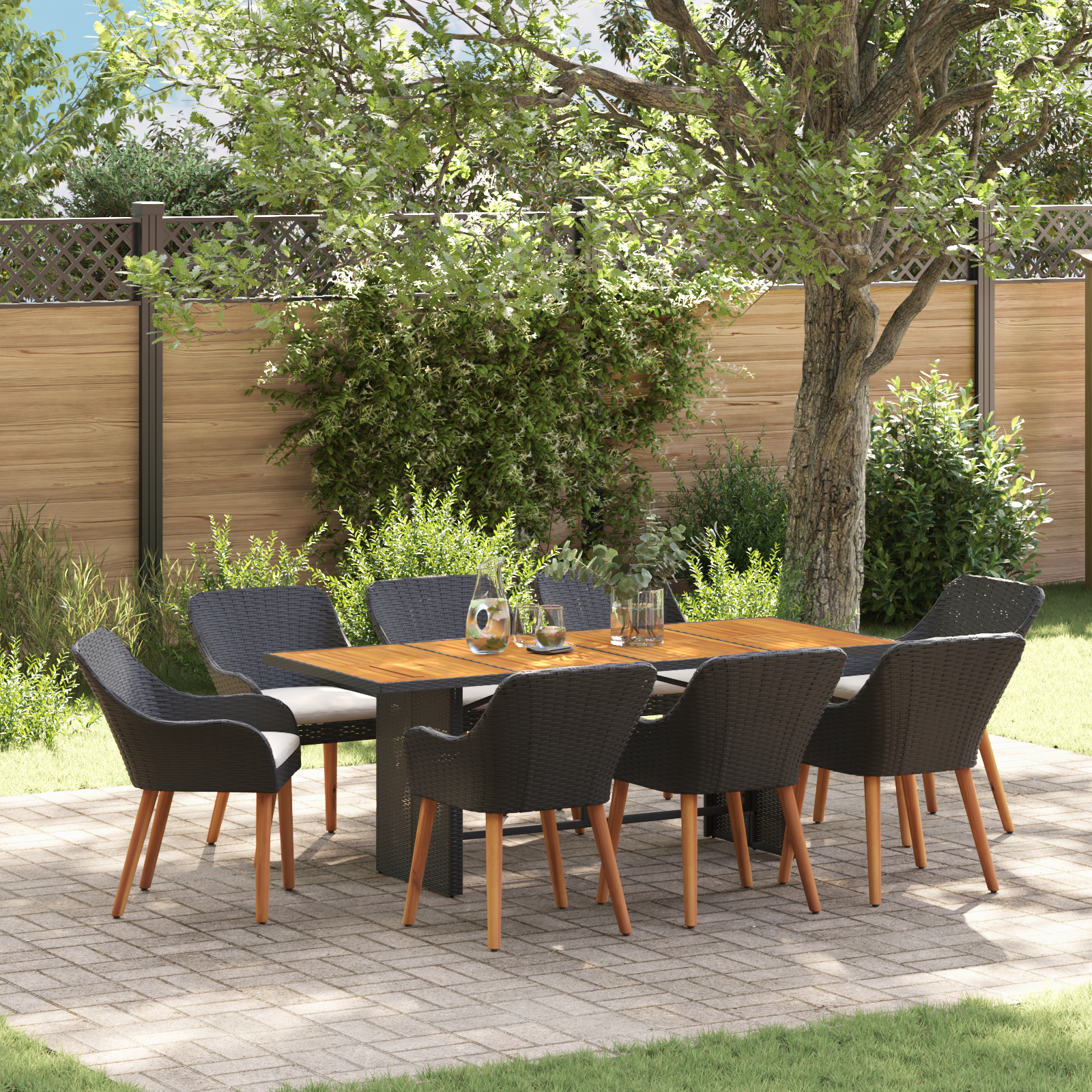 9 Piece Garden Dining Set Black Poly Rattan