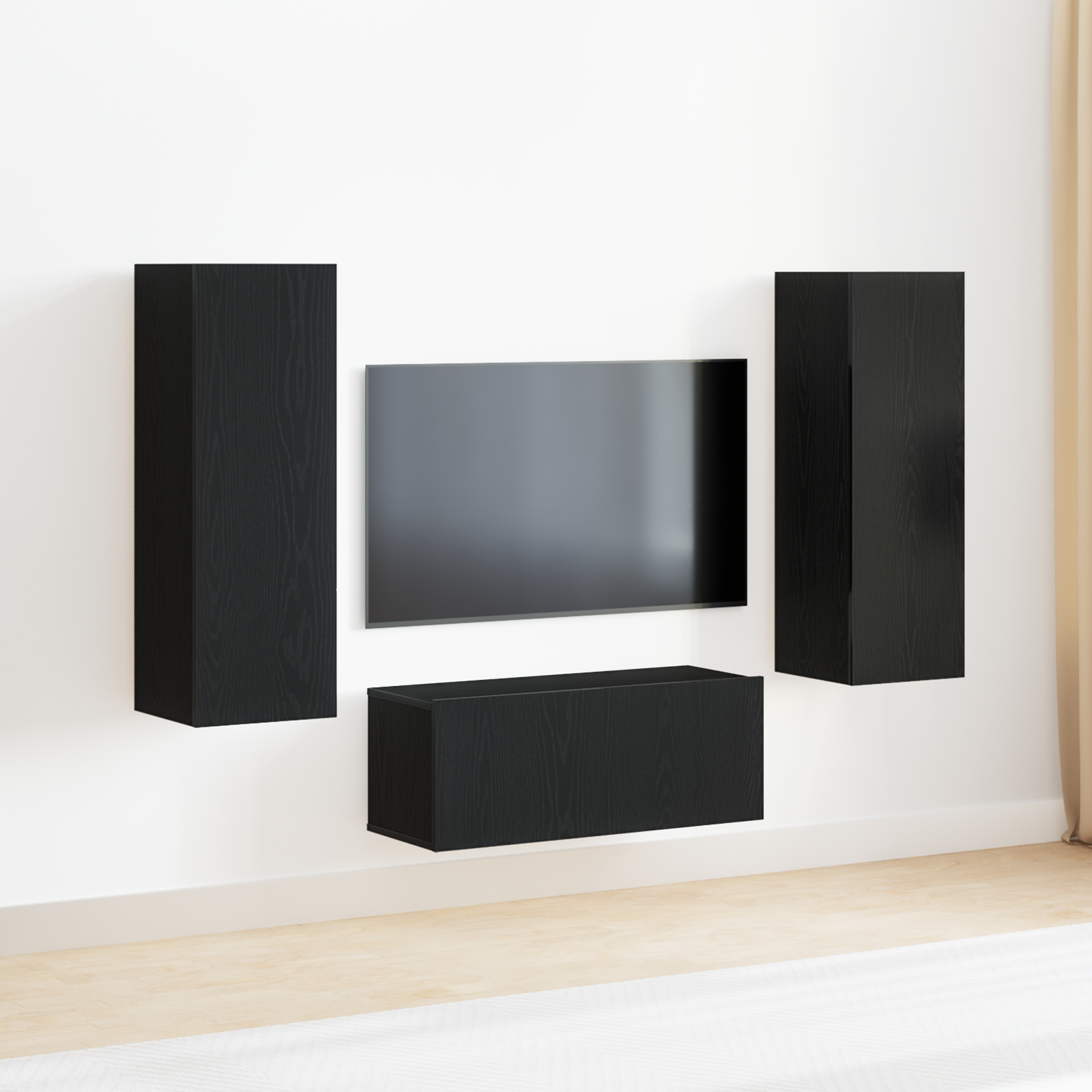 Suport TV & Masă TV - Set dulap TV  în 4 piese din lemn prelucrat stejar negru, Dulapuri TV  (set de 2) - Stejar negru, 80x30x30 cm, din lemn prelucrat, Dulapuri TV montate pe perete  - 2 buc. Stejar negru, 30.5x30x90 cm, 