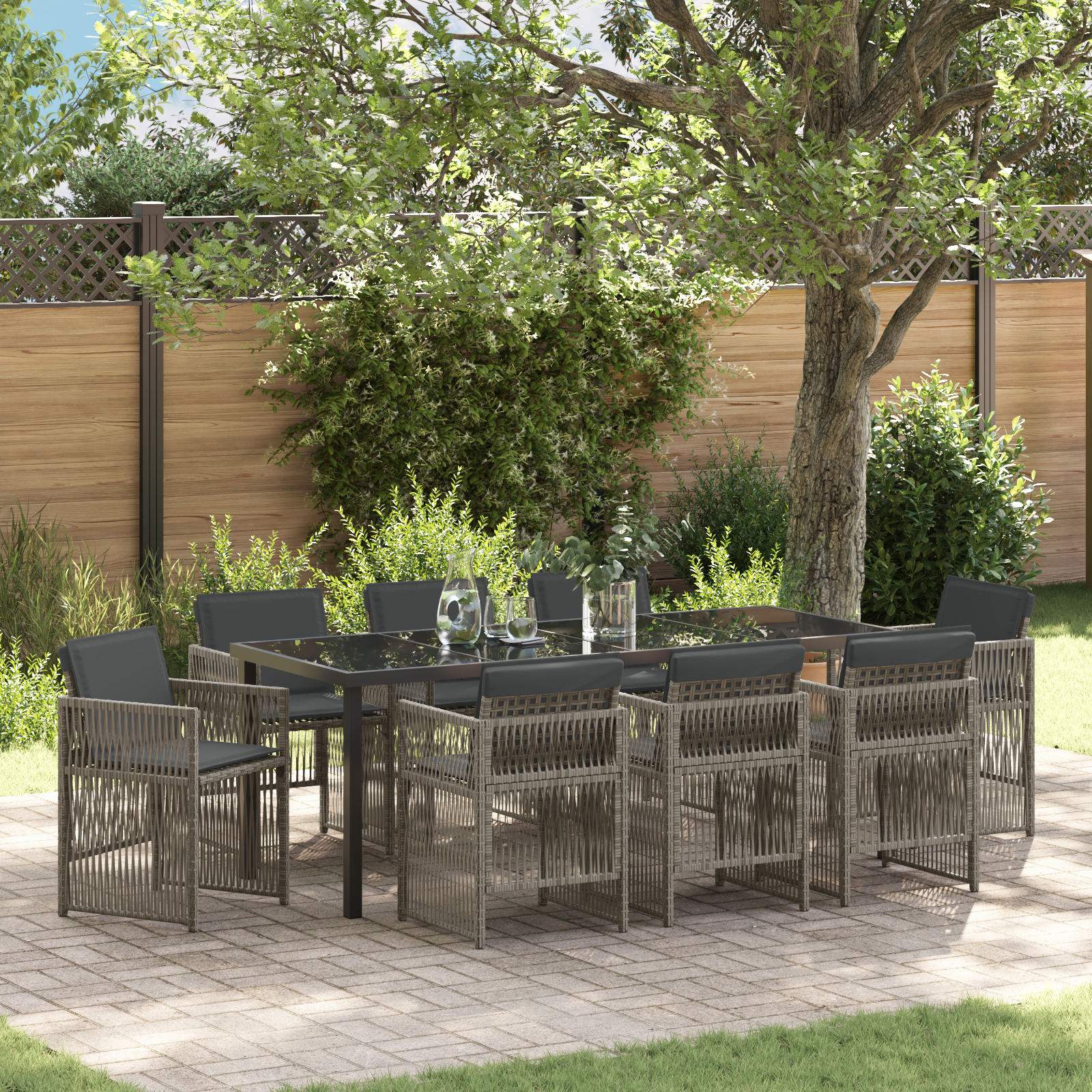 9 Piece Garden Dining Set with Cushions Grey Poly Rattan, vidaXL Garden Table Black 200x80x73 cm Tempered Glass