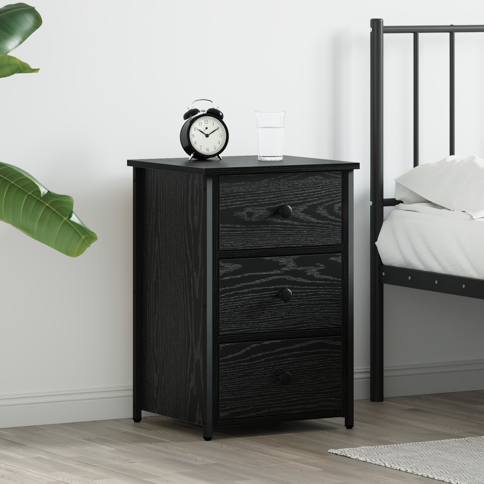 vidaXL Schwarzer Eichen-Nachttisch Schwarze Eiche MDF, Metall Kompakt