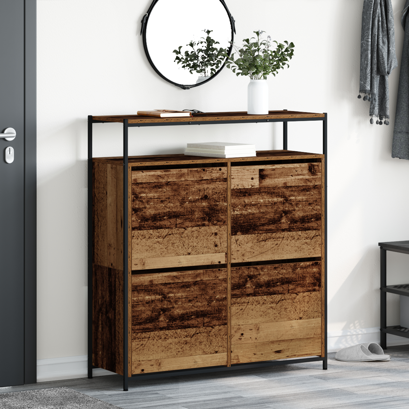 Produse și articole de uz casnic - Cabinet pantofi cu 4 sertare pliante Lemn vechi 100x34x112 cm