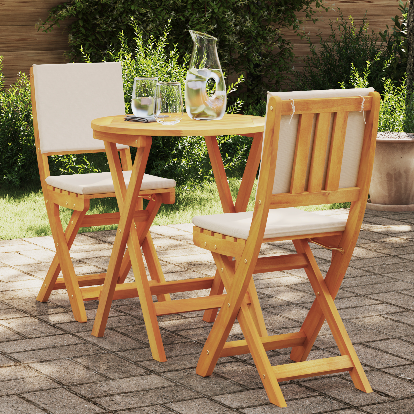 3 Piece Folding Bistro Set with Cushions Solid Wood Acacia