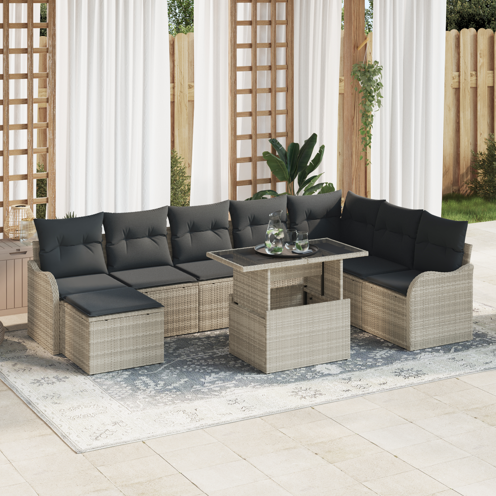 Mobilier relaxare exterior - Set canapea grădină  9 piese cu perne gri deschis ratan poli, Canapea grădină  2 locuri cu perne gri deschis ratan poli