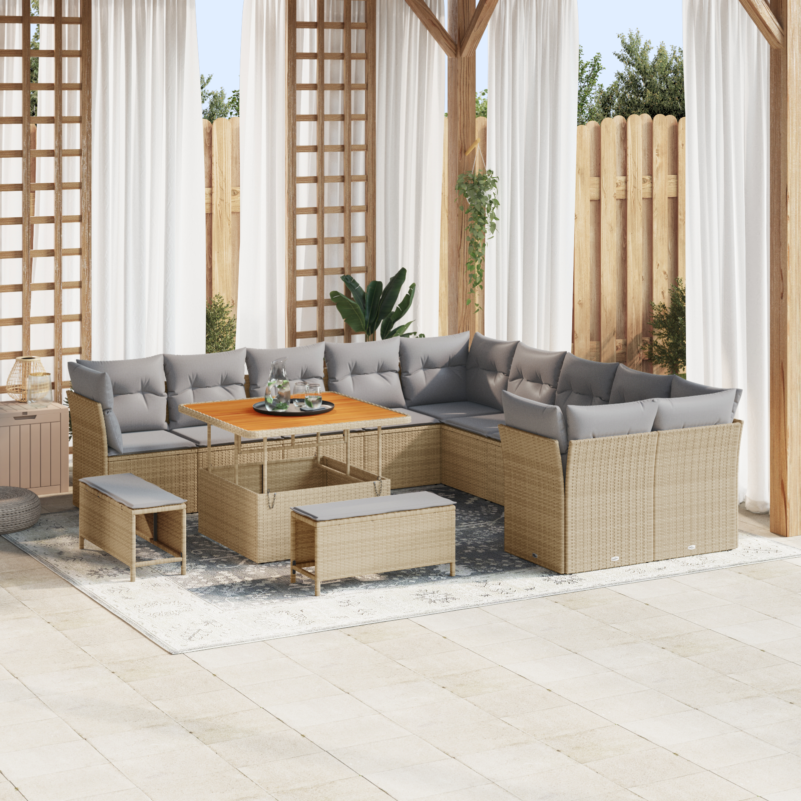 Mobilier relaxare exterior - Set de Sofa pentru Grădină  13 Piese cu Perne Bej Poliratan Acacia, Set de Dining pentru Grădină  3 Piese cu Perne Bej Poliratan Acacia