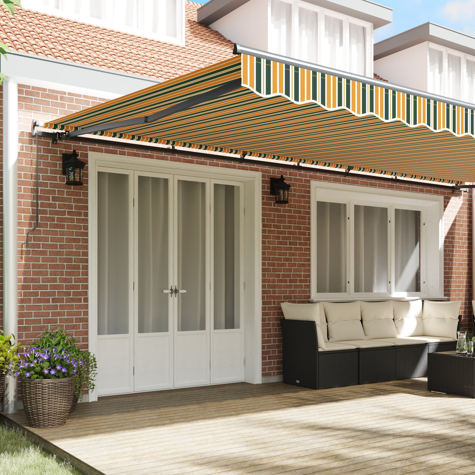 vidaXL Ročna zložljiva tenda Zelena in rumena 600x350 cm, vidaXL Nadomestna tenda za okvir 6x3.5 m Zelena in rumena - Image 4