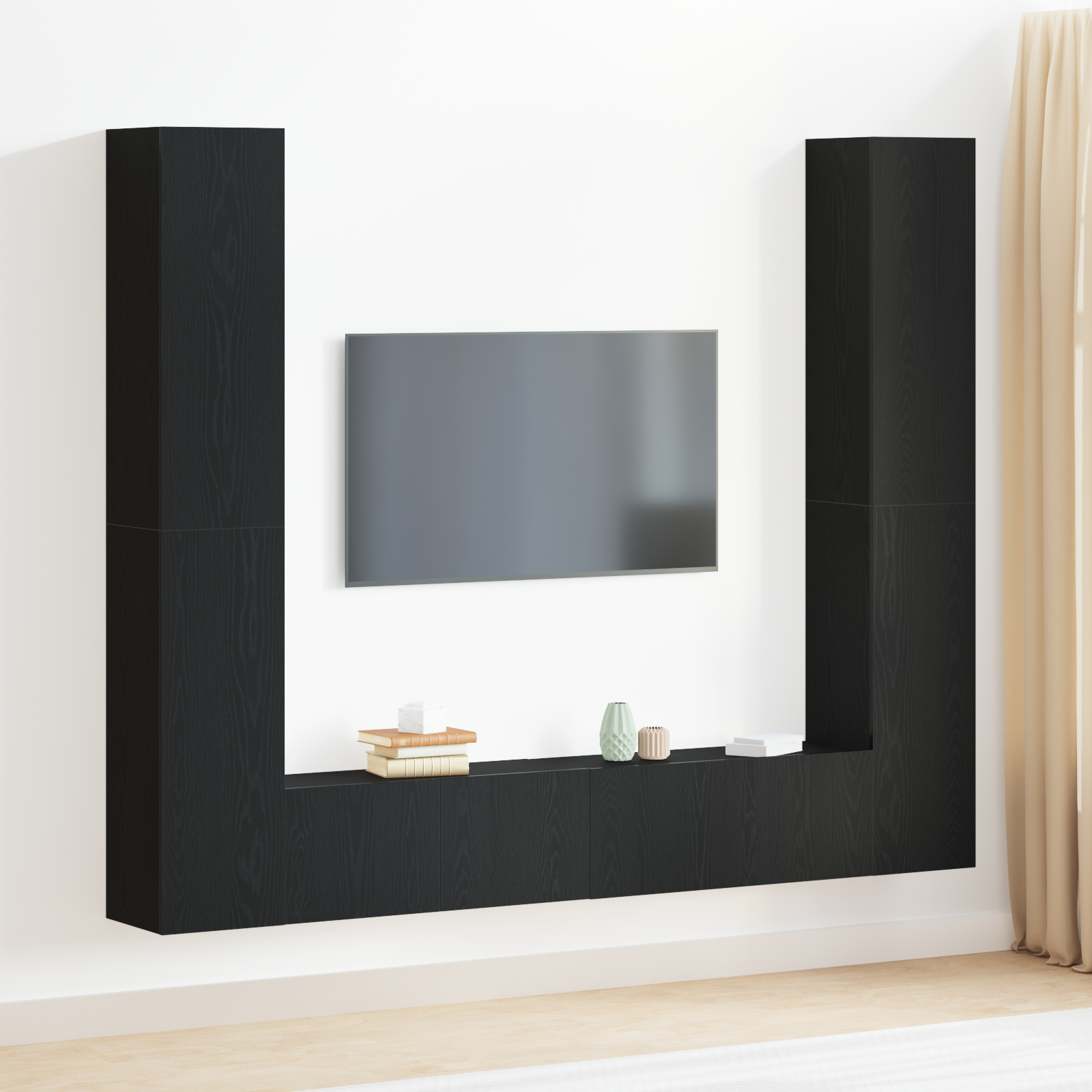 Suport TV & Masă TV - Set dulapuri TV  6 piese Stejar negru Lemn prelucrat, Dulapuri TV  (set de 2) - Stejar negru, 80x30x30 cm, din lemn prelucrat, Dulapuri TV montate pe perete  - 2 bucăți Stejar negru, 30.5x30x90 cm, di