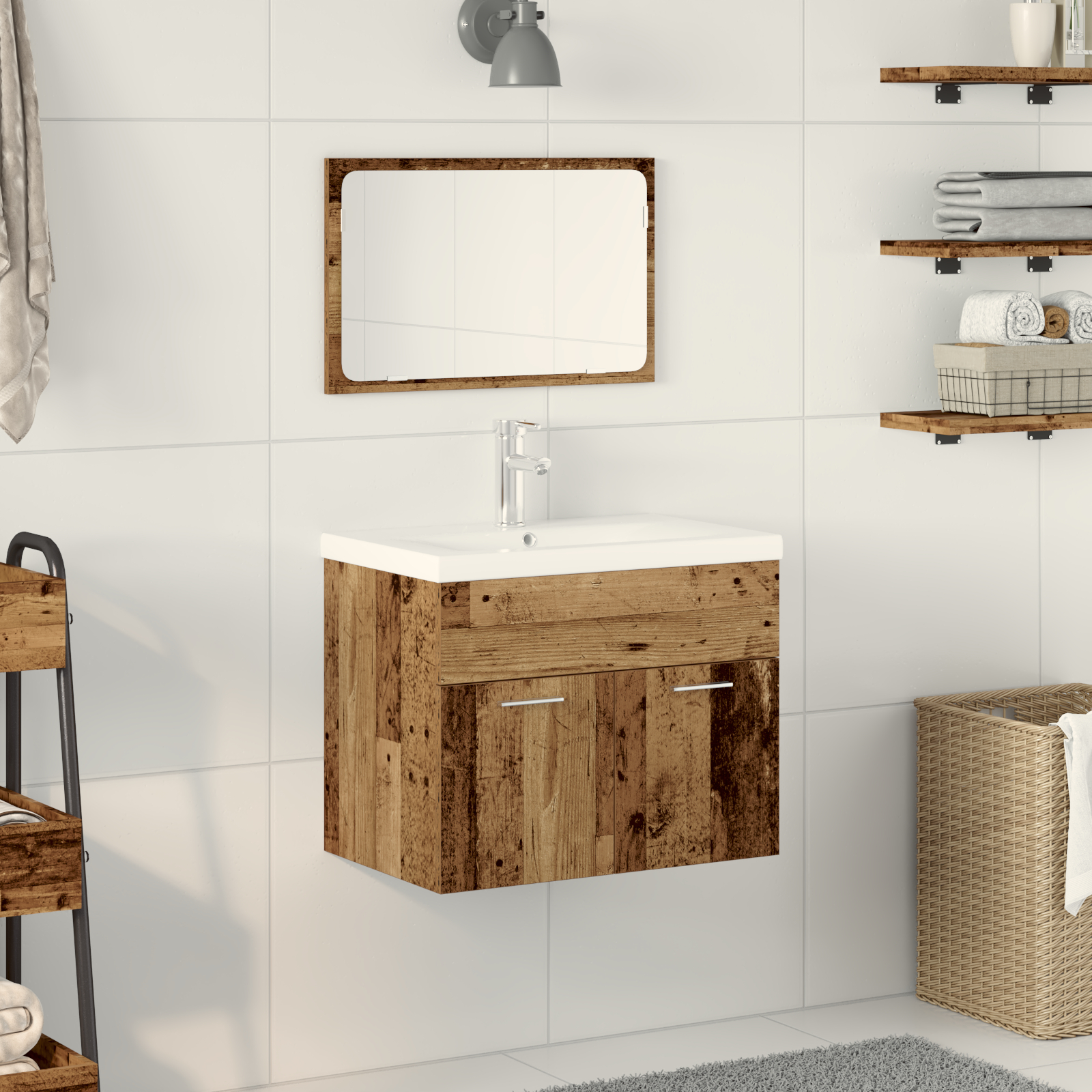 vidaXL 3-teiliges Badezimmermöbel Set Altholz MDF Waschbeckenunterschrank mit Becken und Wandspiegel für rustikale Aufbe...