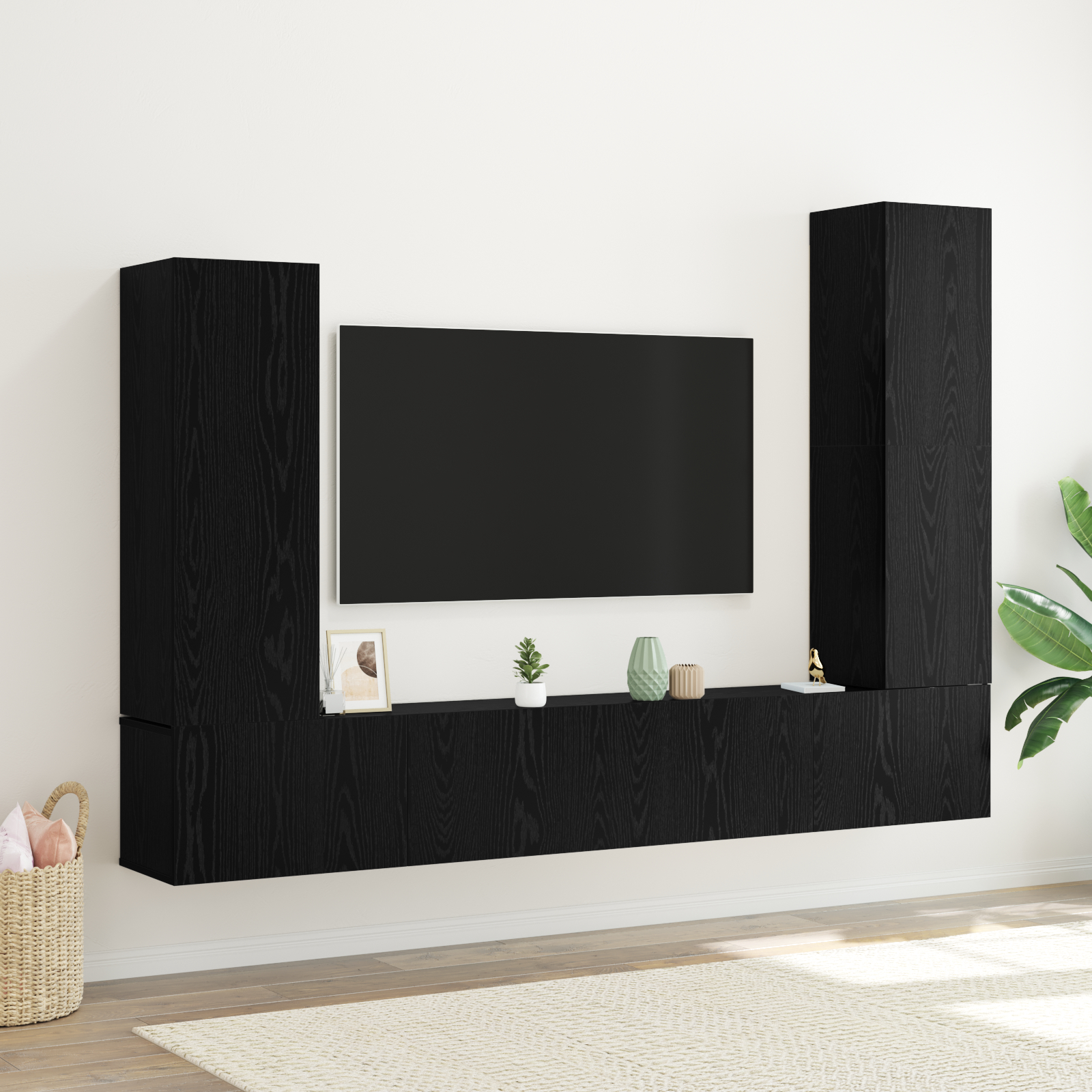 4-teiliges TV-Schrank Set Wandmontiert Schwarze Eiche Engineered Wood Produktmanagementsystem