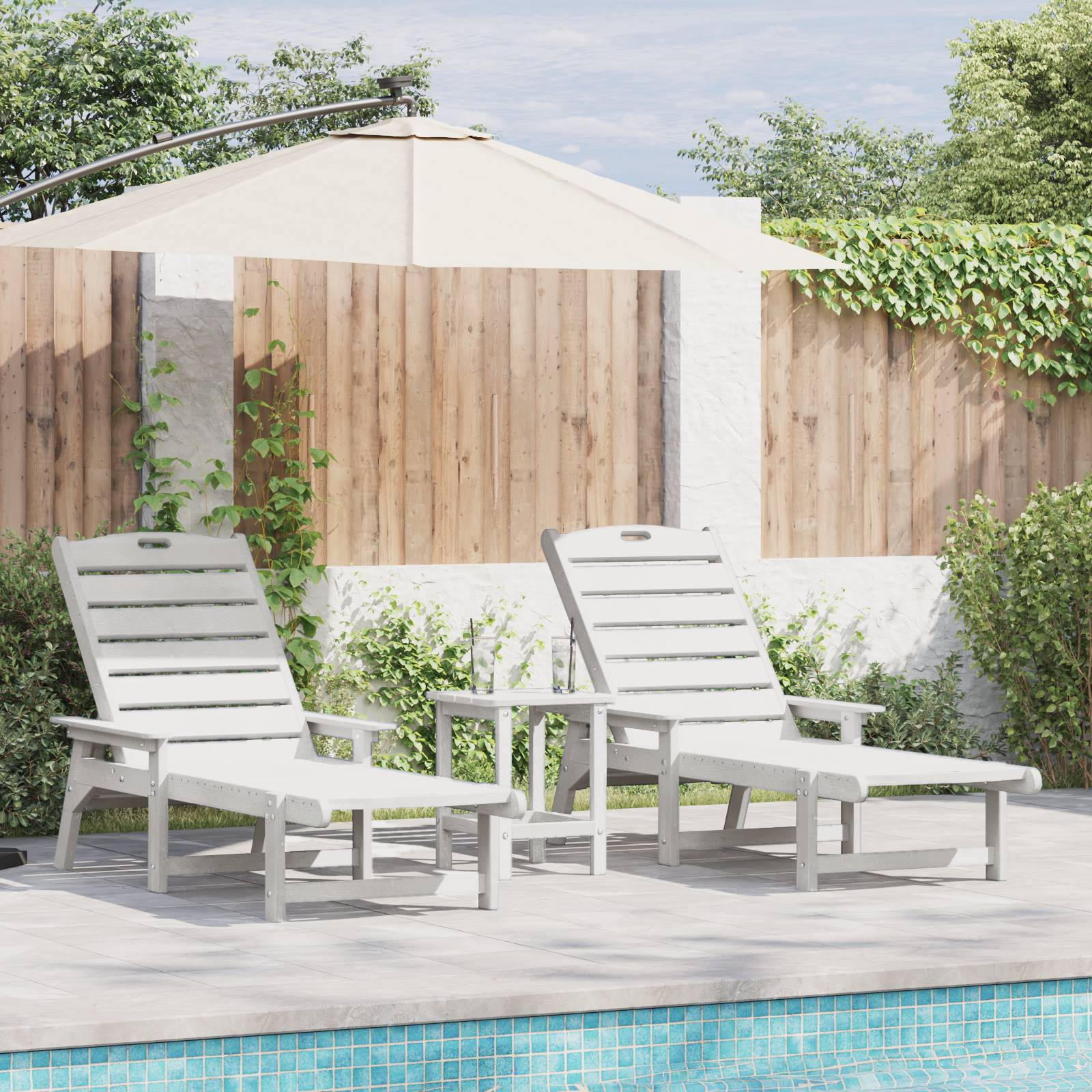 vidaXL 3-tlg. Garten Lounge Set Weiß HDPE,  Sonnenliege Weiß 53x162x98.5 cm HDPE,  Adirondack Beistelltisch Weiß 38x38x4...