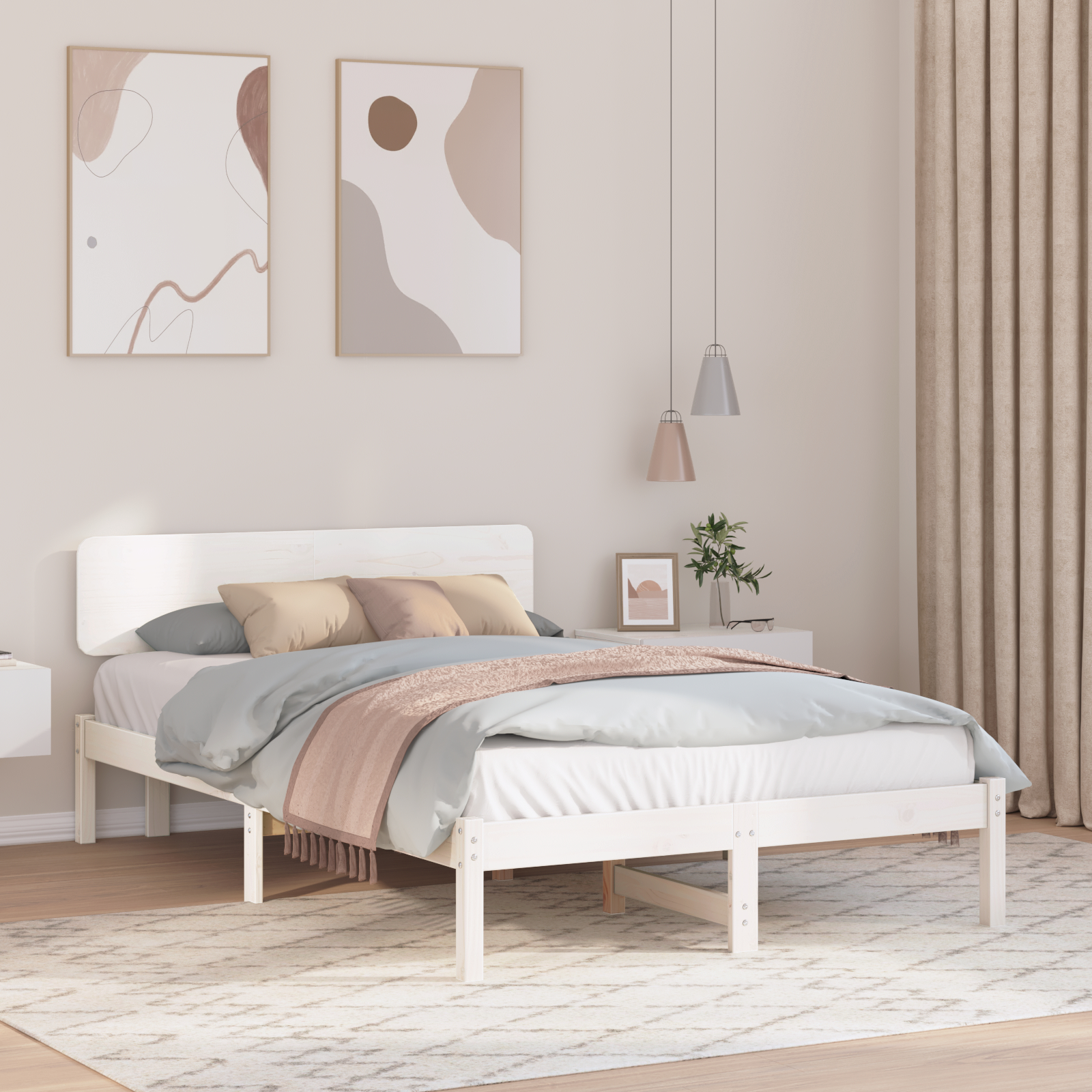 Paturi si accesorii - Cadru de pat cu capitonaj alb 135x190 cm din lemn masiv de pin