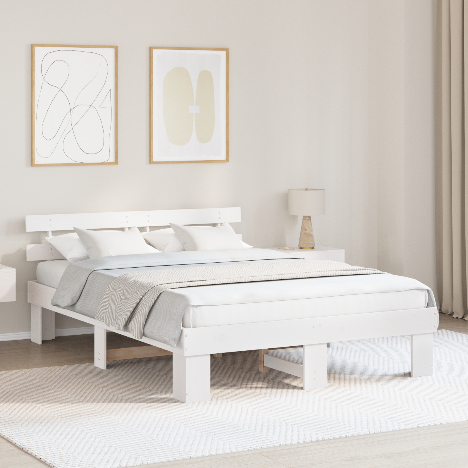 Paturi si accesorii - Cadru de pat cu tablie Alb 140x200 cm Lemn masiv de pin