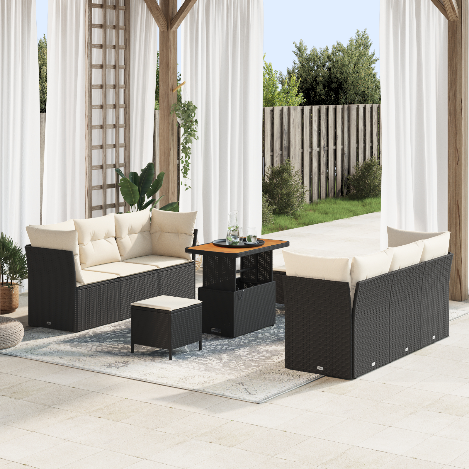 9-osaline Aia Sofakomplekt Padjadega Must Polü Rattan Aasia, vidaXL 3-osaline Aia Söögikomplekt Padjadega Must Polü Rattan Aasia