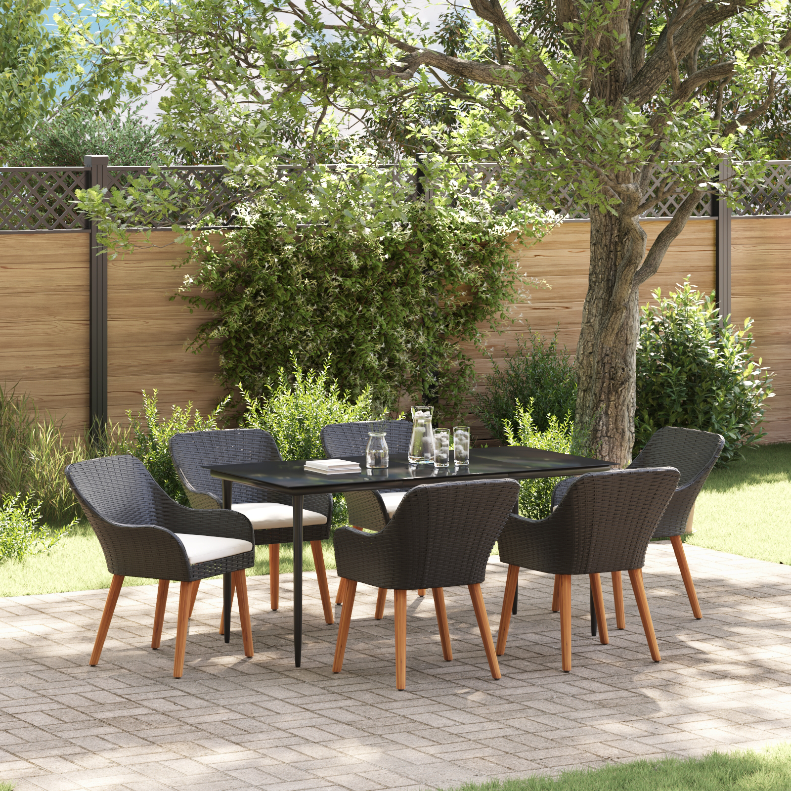 7 Piece Garden Dining Set Black Poly Rattan
