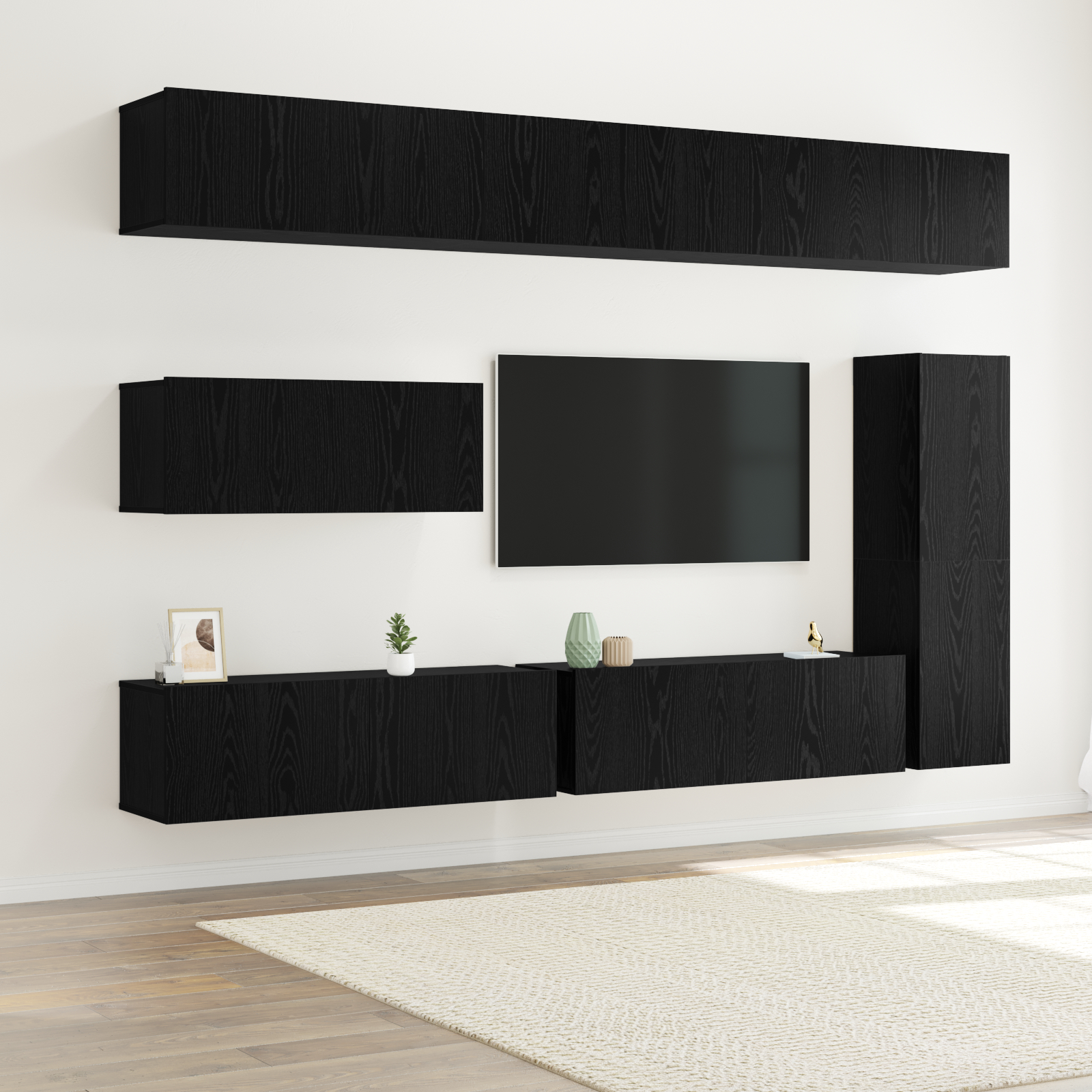 7-teiliges TV Schrank Set Wandmontiert Schwarz Eiche Holzwerkstoff