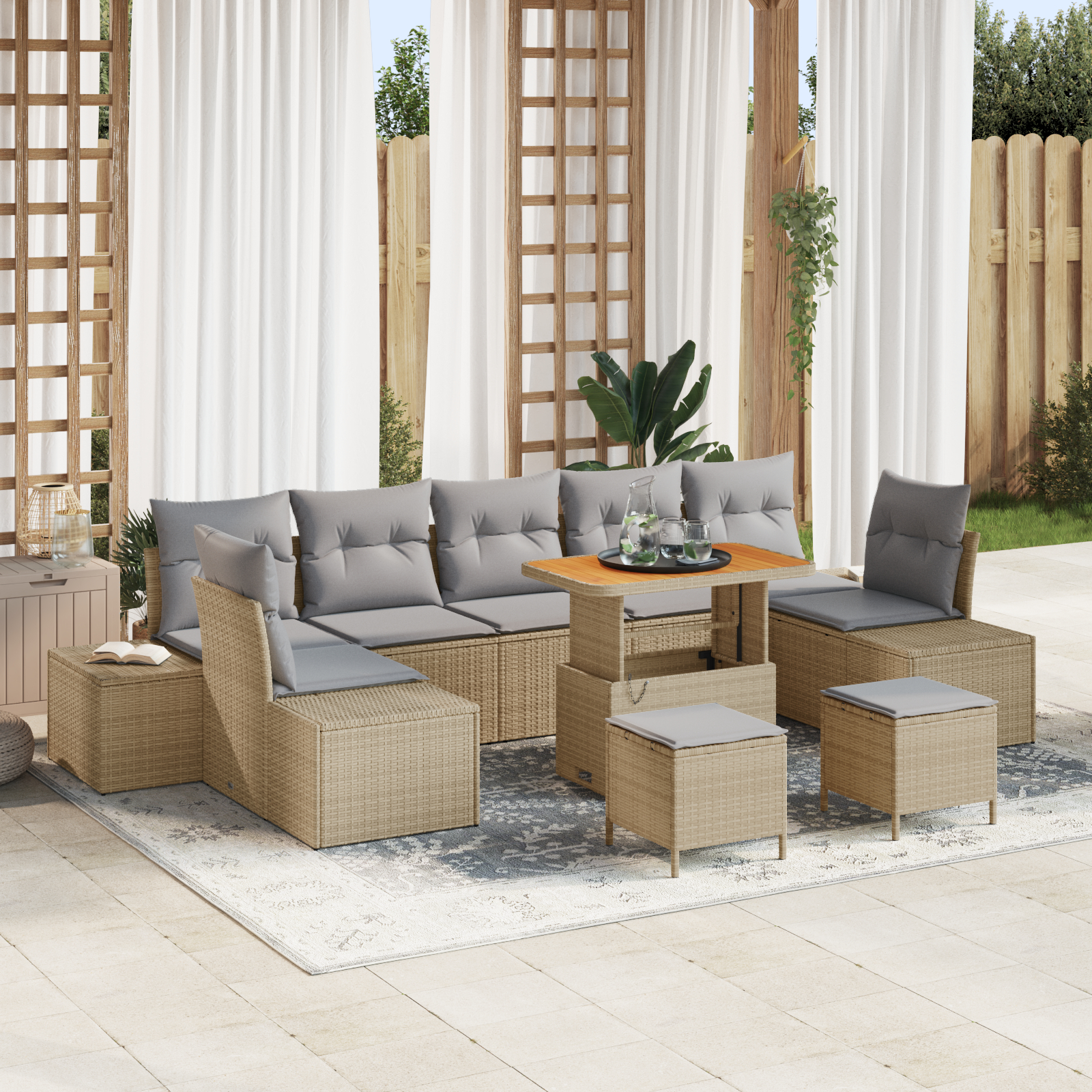vidaXL 10-delige Tuin Sofa Set met Kussens Beige Poly Rattan Acacia, vidaXL 2-zits Tuin Sofa met Opslag & Kussens Beige Poly Rattan, vidaXL 3-delige Tuin Eettafel Set met Kussens Beige Poly Rattan Acacia