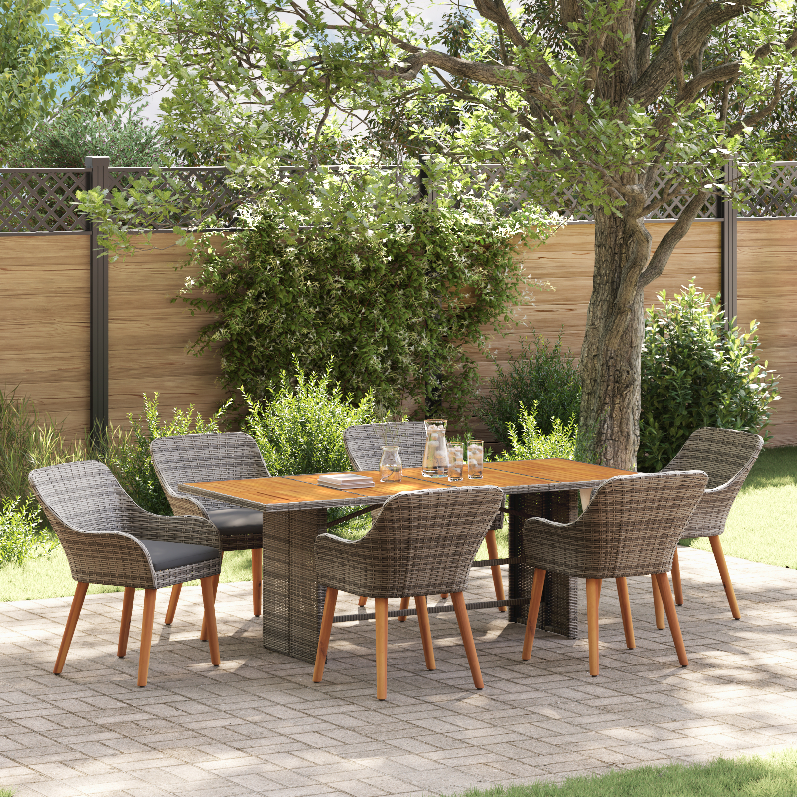 7 Piece Garden Dining Set Grey Poly Rattan