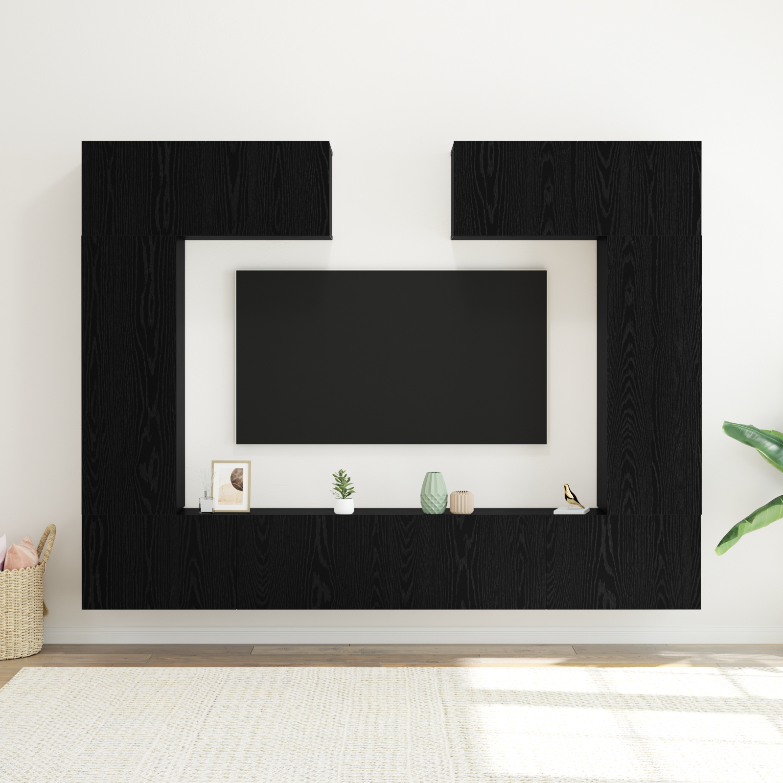 vidaXL 8-delige TV-kastenset Wandgemonteerd Zwart Eiken Spaanderplaten, vidaXL Zwart Eiken TV-stand 80x30x30 cm Gemaakt van Spaanderplaten, vidaXL Wandgemonteerde TV-kasten - 2 stuks Zwart Eiken, 30,5x30x90 cm, Gemaakt van Spaanderplaten, vidaXL TV-kasten 2 stuks Zwart Eiken 100x30x30 cm Spaanderplaten - Afbeelding 5