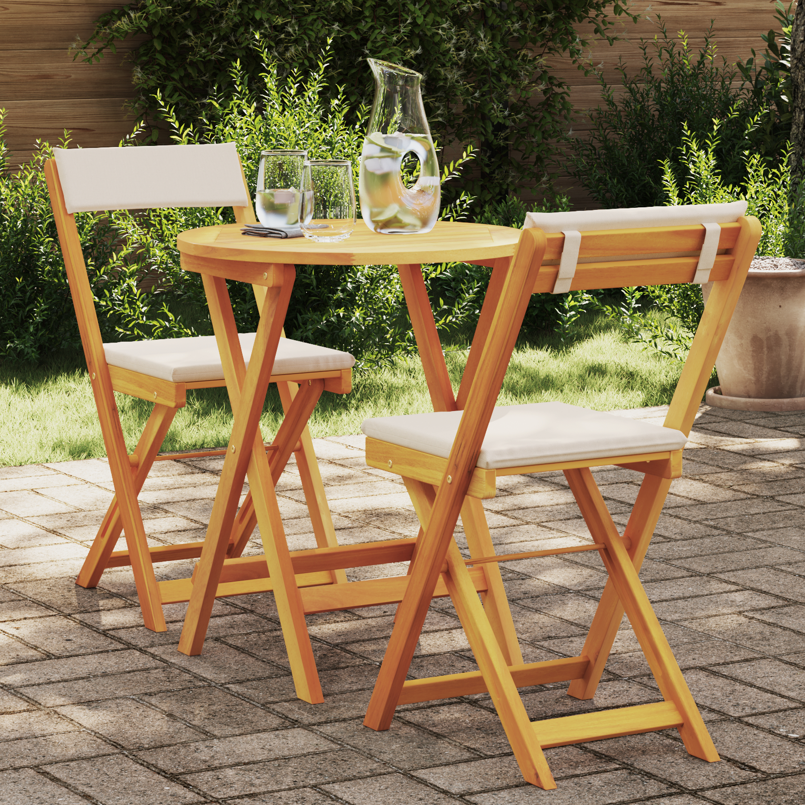 3-dijelni sklopivi bistro set s jastučićima od čvrstog bagremovog drva